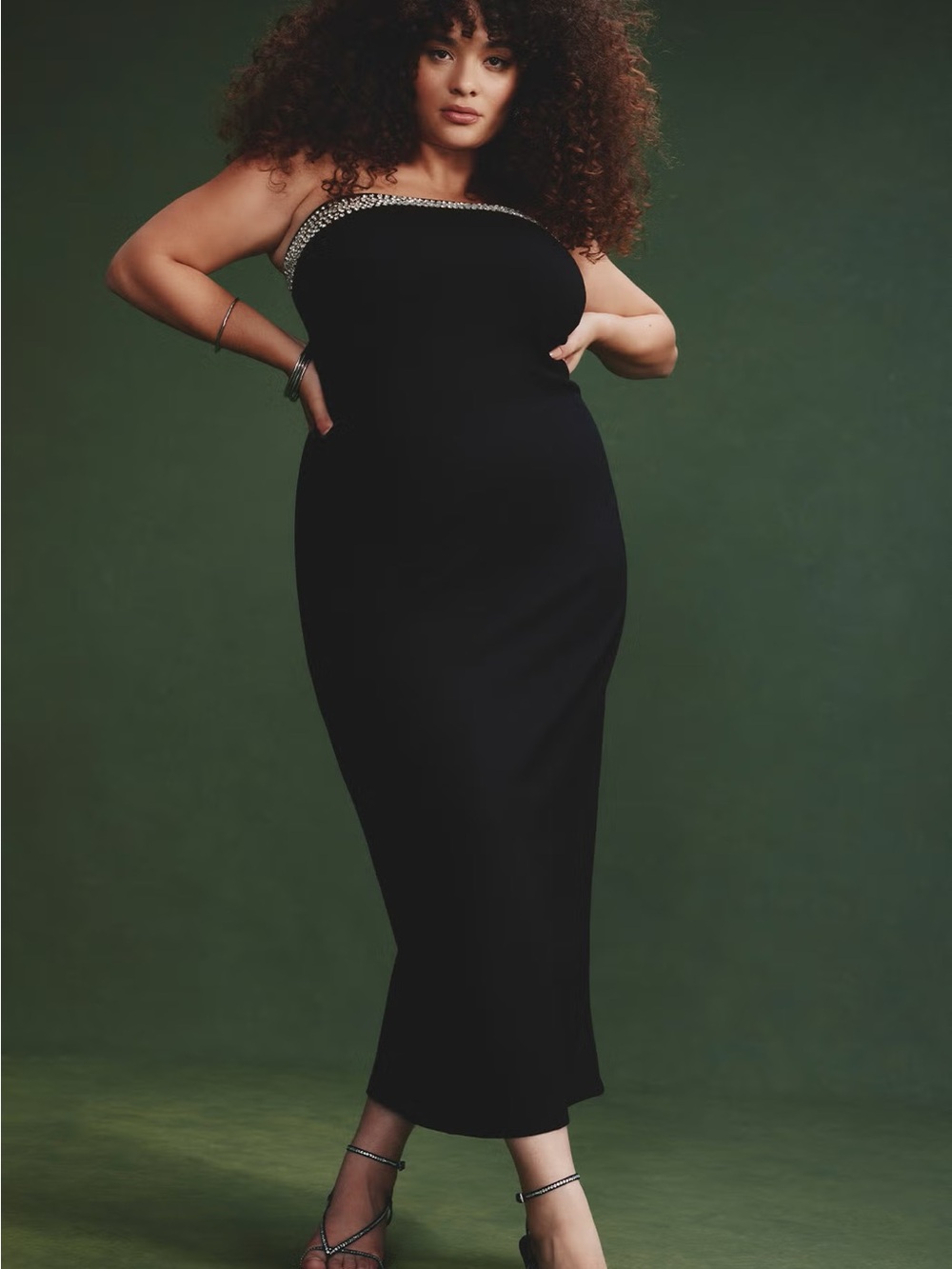 Eloquii Black Strapless Midi Dress with Rhinestone Trim